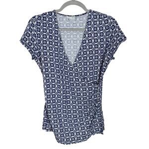 Boden Cap Sleeve Faux Wrap Blouse Geo Print Navy Blue Size 10